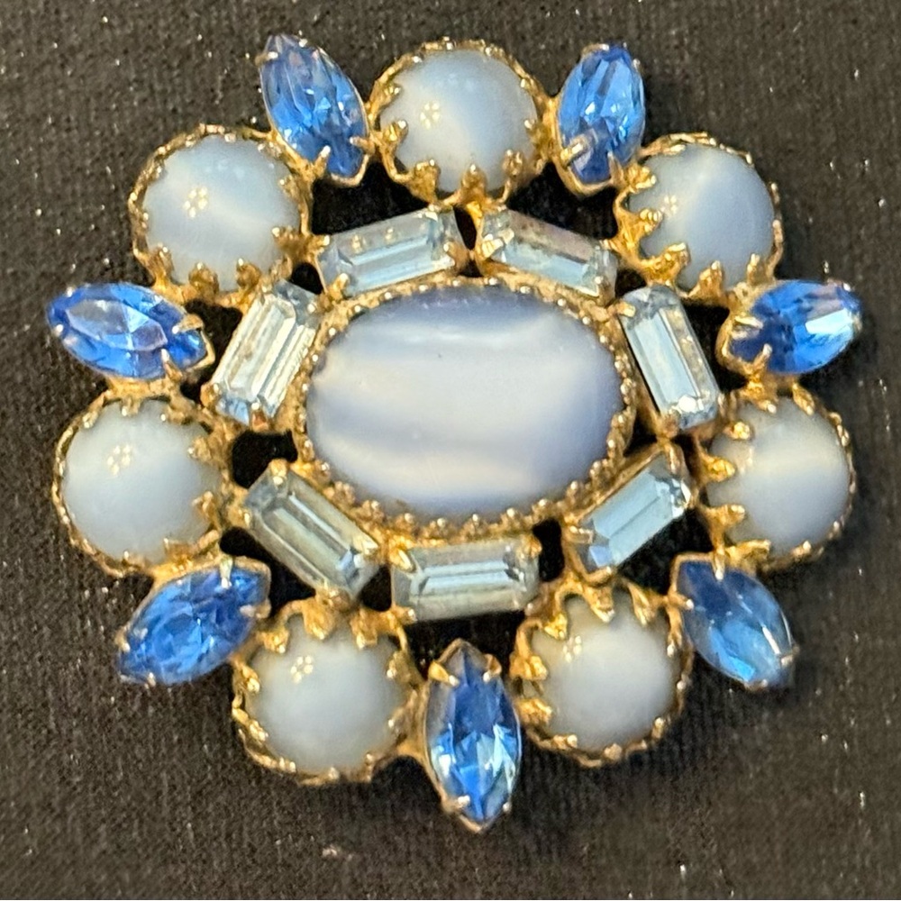 Vintage Blue Moonstone and Rhinestone Brooch. 2” x 2”. Missing pin on back.